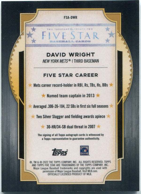 David Wright 2022 Topps Five Star Autographed Card #FSA-DWR