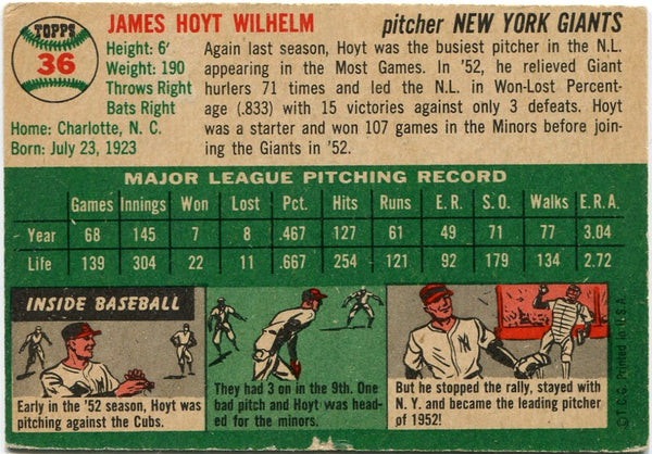 Hoyt Wilhelm 1954 Topps Card #36
