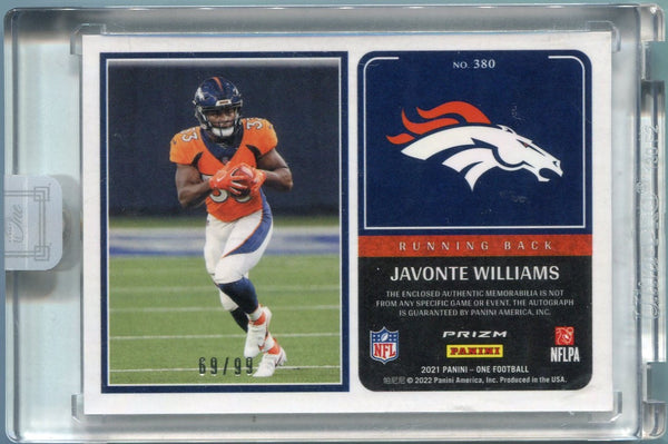 Javonte Williams 2021 Panini One Formula One Dual Patch/Autographed Prizm RC #380 69/99