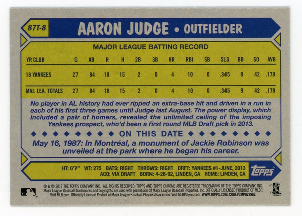 Aaron Judge 2017 Topps Chrome 30th Anniversary Gold #87T-8 Card