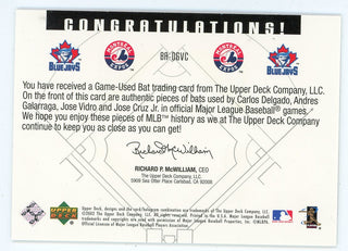 Carlos Delgado, Andres Galarraga, Jose Vidro, Jose Cruz Jr. 2002 Upper Deck Quad Relic Game-Used Bat Card