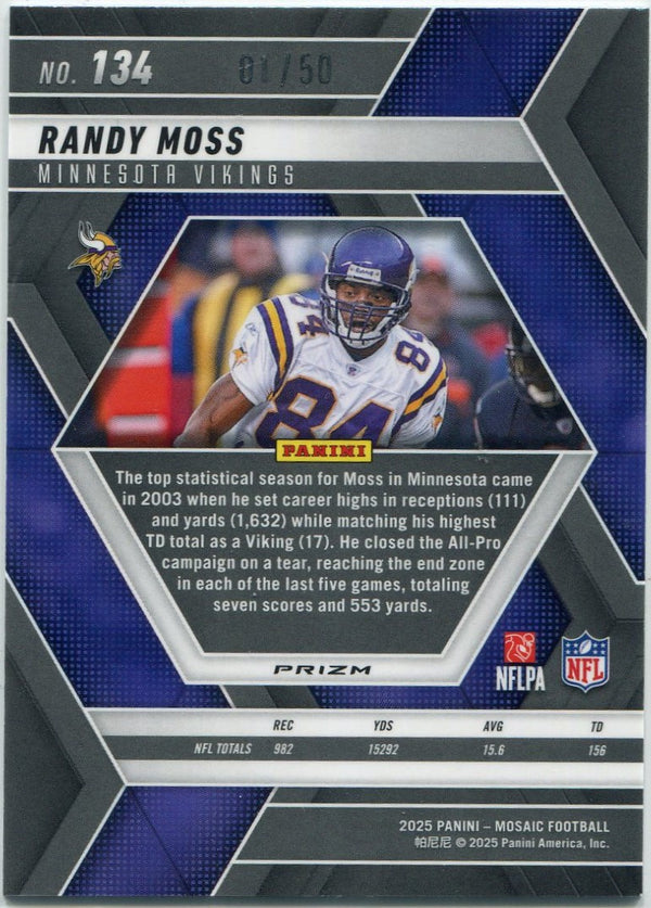 Randy Moss 2025 Panini Mosaic No Huddle Purple Prizm Card #134 1/50