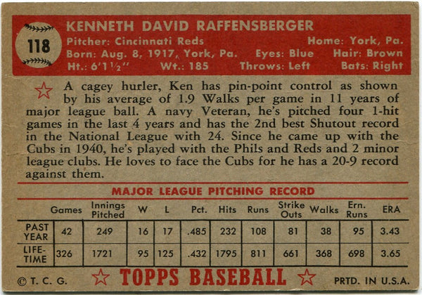 Ken Raffensberger 1952 Topps Card #118