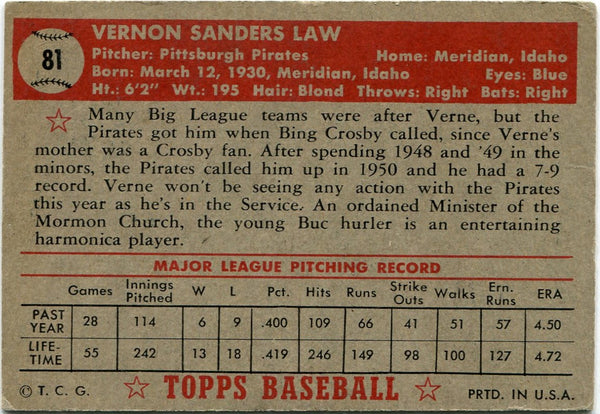 Vernon Law 1952 Topps Card #81