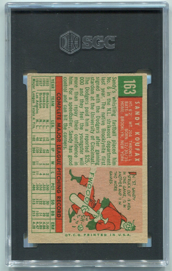 Sandy Koufax 1959 Topps Card #163 SGC Graded 3.5