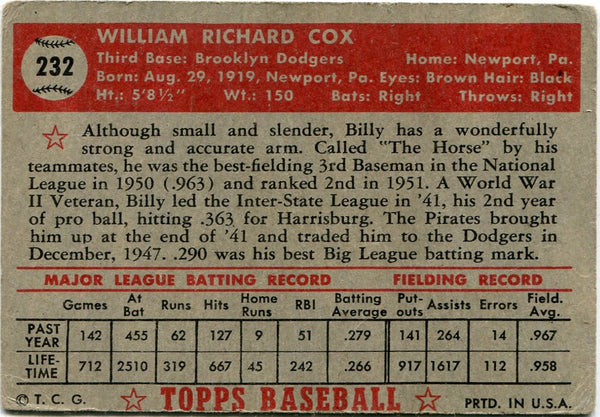 Billy Cox 1952 Topps Card #232
