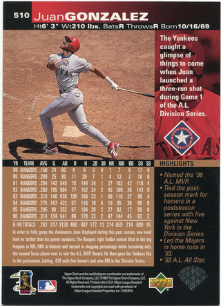 Juan Gonzalez 1997 Upper Deck Autographed Oversized Card #510