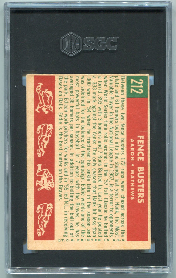 Fence Busters Hank Aaron Eddie Mathews 1959 Topps Card #212 SGC Graded 1.5