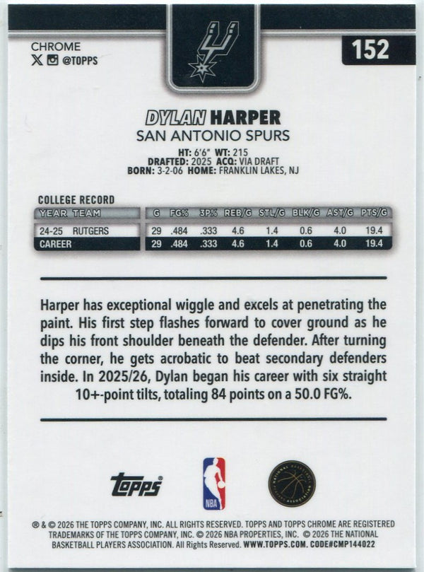 Dylan Harper 2025 - 2026 Topps Chrome Update Ray Wave Refractor RC #152