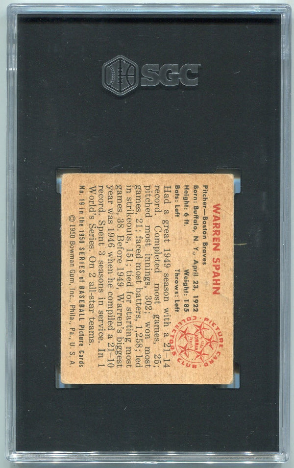 Warren Spahn 1950 Topps Card #19 SGC Graded 2