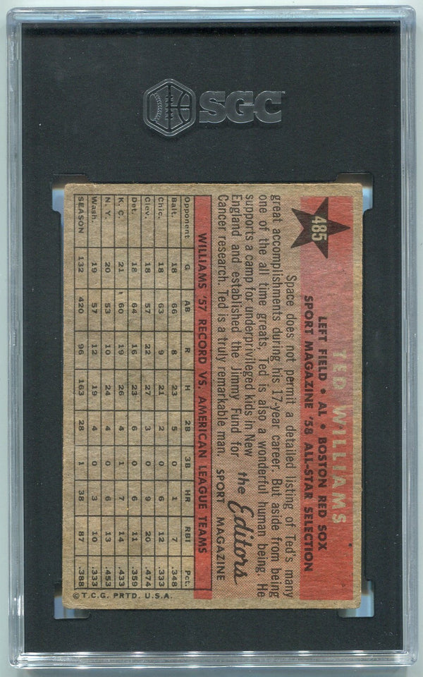 Ted Williams 1958 Topps All-Star Card #485 SGC Graded Authentic