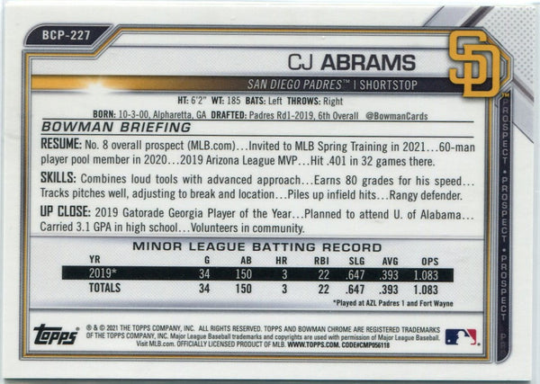 CJ Abrams 2021 Bowman Chrome Sapphire Gold Refractor RC #BCP-227 43/50