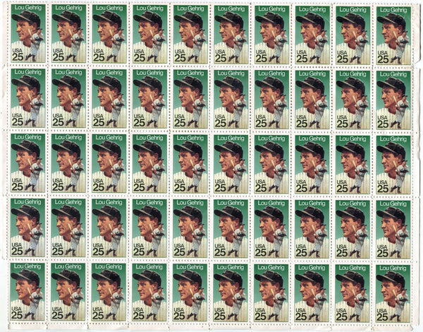 Lou Gehrig 1989 25 Cent Full Sheet Stamps 50
