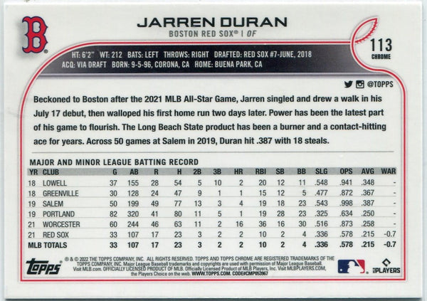 Jarren Duran 2022 Topps Chrome Pink Refractor RC #113