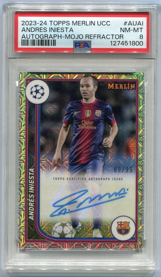 Andres Iniesta 2023 - 2024 Topps Merlin UEFA Club Competitions Autographed MOJO Refractor Card #AU-AI 80/99 PSA Graded 8