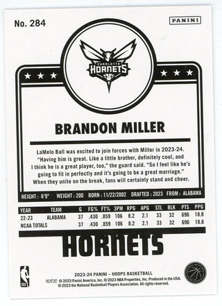 Brandon Miller 2023-24 Panini Hoops Rookie Card #284