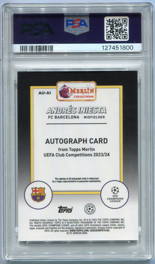 Andres Iniesta 2023 - 2024 Topps Merlin UEFA Club Competitions Autographed MOJO Refractor Card #AU-AI 80/99 PSA Graded 8