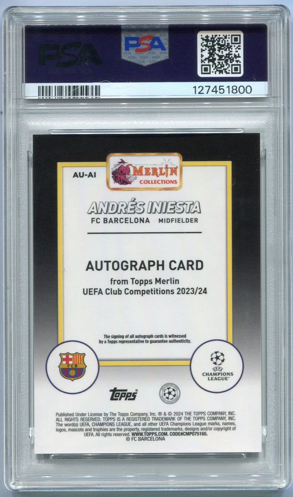 Andres Iniesta 2023 - 2024 Topps Merlin UEFA Club Competitions Autographed MOJO Refractor Card #AU-AI 80/99 PSA Graded 8