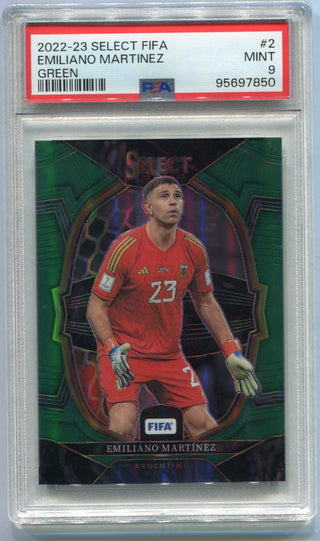 Emiliano Martinez 2023 - 2024 Panini Select FIFA Green Prizm Card #2 2/5 PSA Graded 9