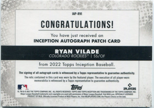 Ryan Vilade 2022 Topps Inception 3 Color Patch & Autographed RC #IAP-RVI 18/75