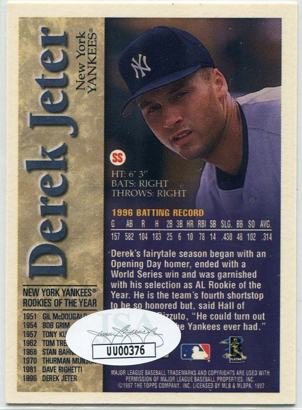 Derek Jeter 1997 Topps Rookie Of The Year Autographed Card JSA Certified