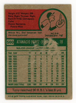 Tony Perez 1975 Topps Mini #560 Card