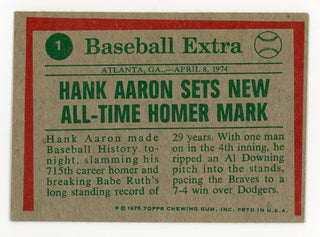 Hank Aaron 1975 Topps Baseball Extra #1 Card