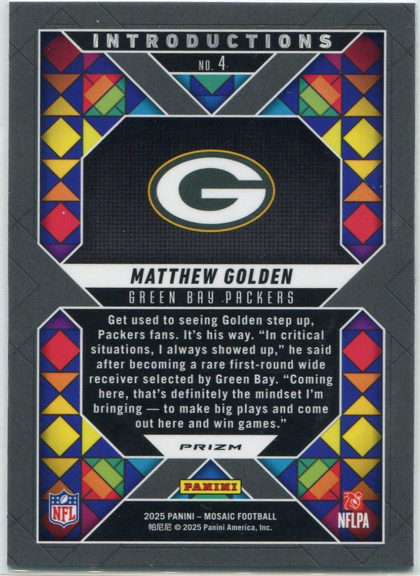 Matthew Golden 2025 Panini Mosaic Introductions No Huddle Disco Prizm RC #4
