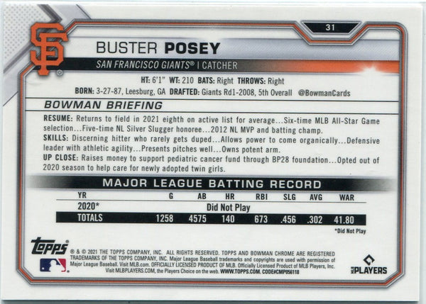 Buster Posey 2021 Bowman Chrome Sapphire Green Refractor Card #31 84/125