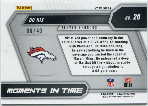 Bo Nix 2025 Panini Mosaic Moments In Time Purple Mosaic Prizm Card #20 8/49