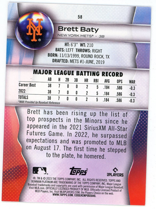 Brett Baty 2023 Topps Bowman Platinum Rookie Card #58