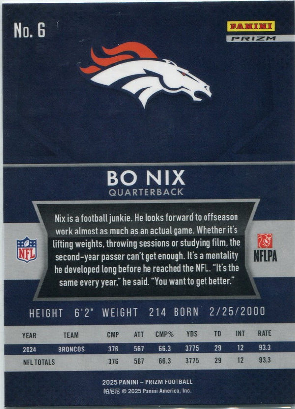 Bo Nix 2025 Panini Prizm Flashback Silver Prizm Card #6