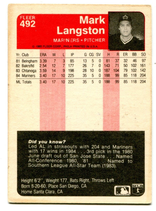 Marks Langston 1985 Fleer #492 Autographed Card