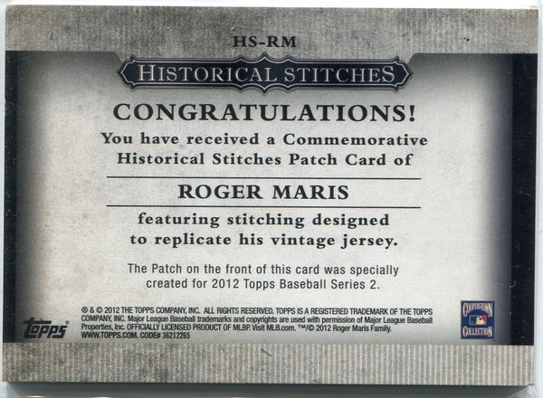 Roger Maris 2012 Topps Historical Stitches Commemorative Patch Card #HS-RM