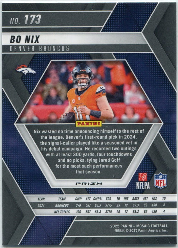 Bo Nix 2025 Panini Mosaic Silver Prizm Card #173