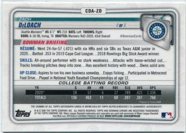 Zach DeLoach 2020 Bowman Draft Chrome 1st Edition Autographed Refractor RC #CDA-ZD 27/30