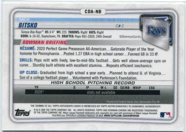 Nick Bitsko 2020 Bowman Draft Chrome 1st Edition Autographed Refractor RC #CDA-NB 6/30