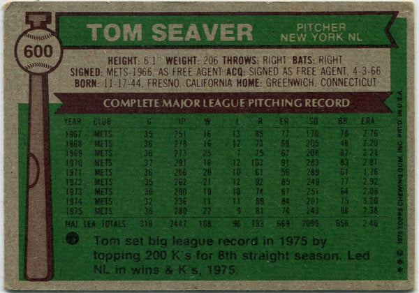 Tom Seaver 1976 Topps Card #600