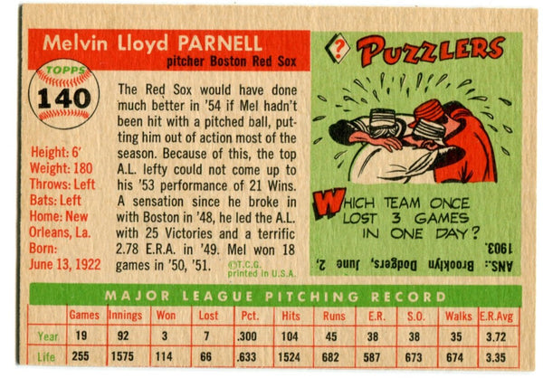 Mel Parnell 1955 Topps #140 Card