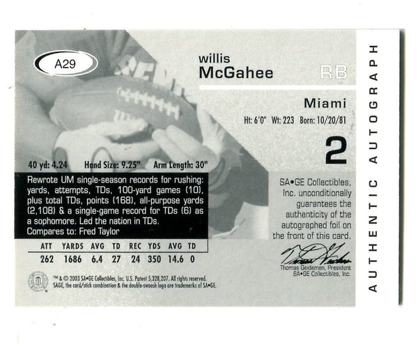 Willis McGahee 2003 Sage #A29 Autographed Card