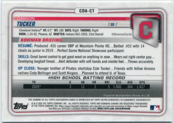 Carson Tucker 2020 Bowman Draft Chrome 1st Edition Autographed Refractor RC #CDA-CT 30/30
