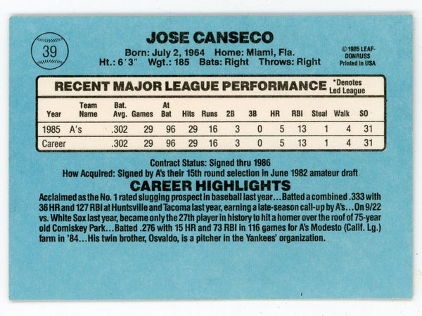 Jose Canseco 1985 Leaf-Donruss Rookie #39 Card