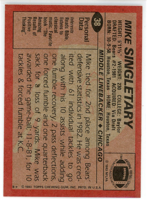 Mike Singletary 1983 Topps Card #38
