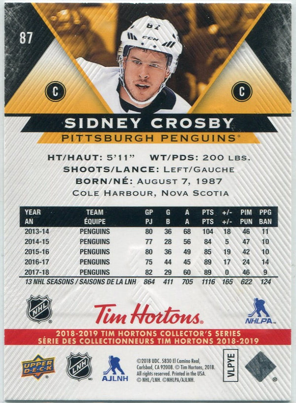Sidney Crosby 2018 - 2019 Upper Deck Tim Hortons Card #87