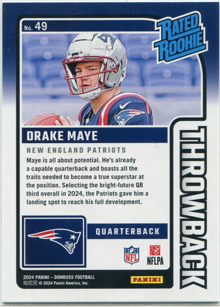 Drake Maye 2024 Panini Donruss Rated Rookie Throwback RC #49