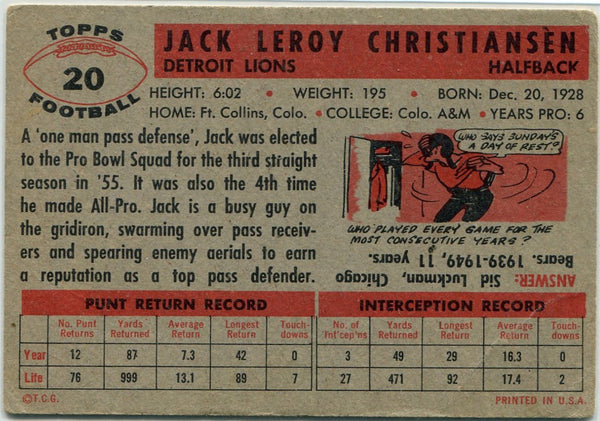 Jack Christiansen 1956 Topps Card #20
