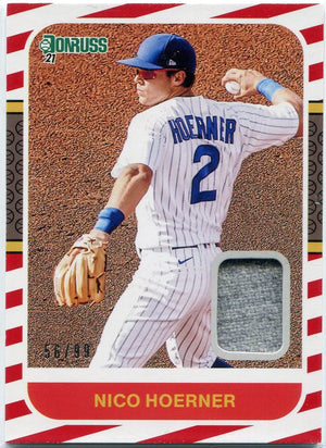 Nico Hoerner 2021 Panini Donruss Relic Red Stripes Parallel Card #87M-NH 56/99