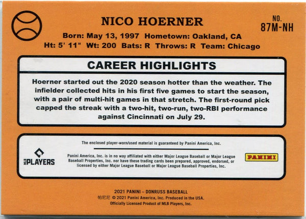 Nico Hoerner 2021 Panini Donruss Relic Red Stripes Parallel Card #87M-NH 56/99