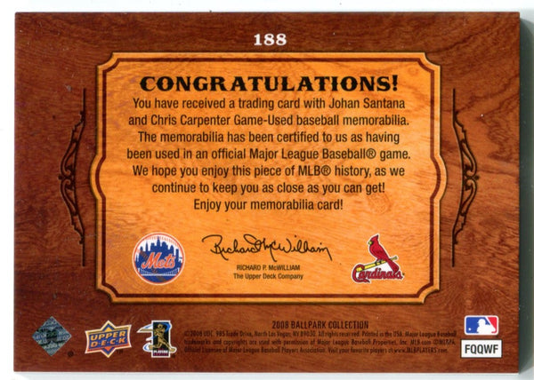 Johan Santana Chris Carpenter 2008 Upper Deck Ballpark Collection Jersey Card