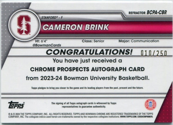 Cameron Brink 2023 - 2024 Bowman University Chrome Autographed Refractor RC 10/250